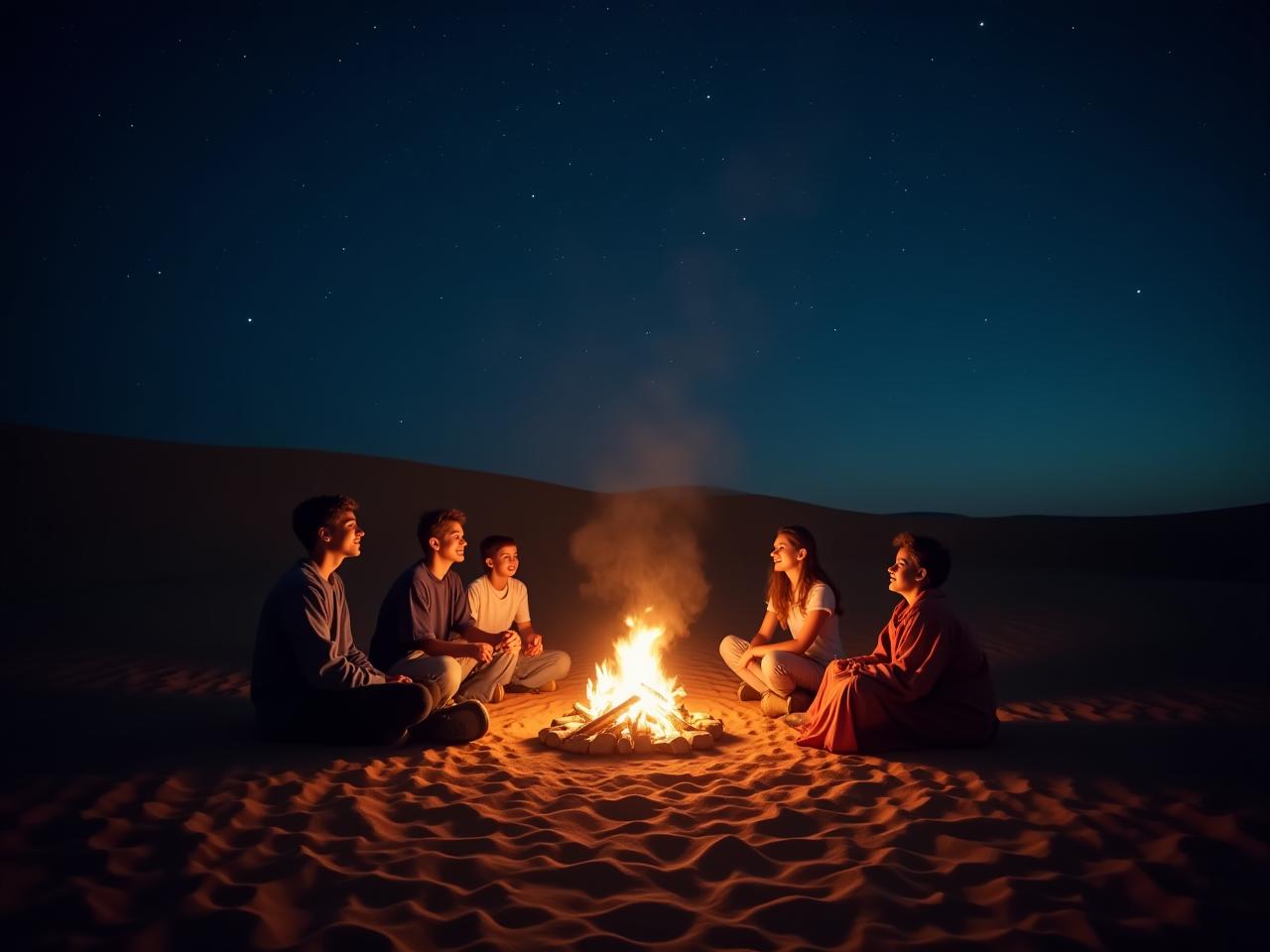 A family sitting around a bonfire in a desert khan, under a starry sky.