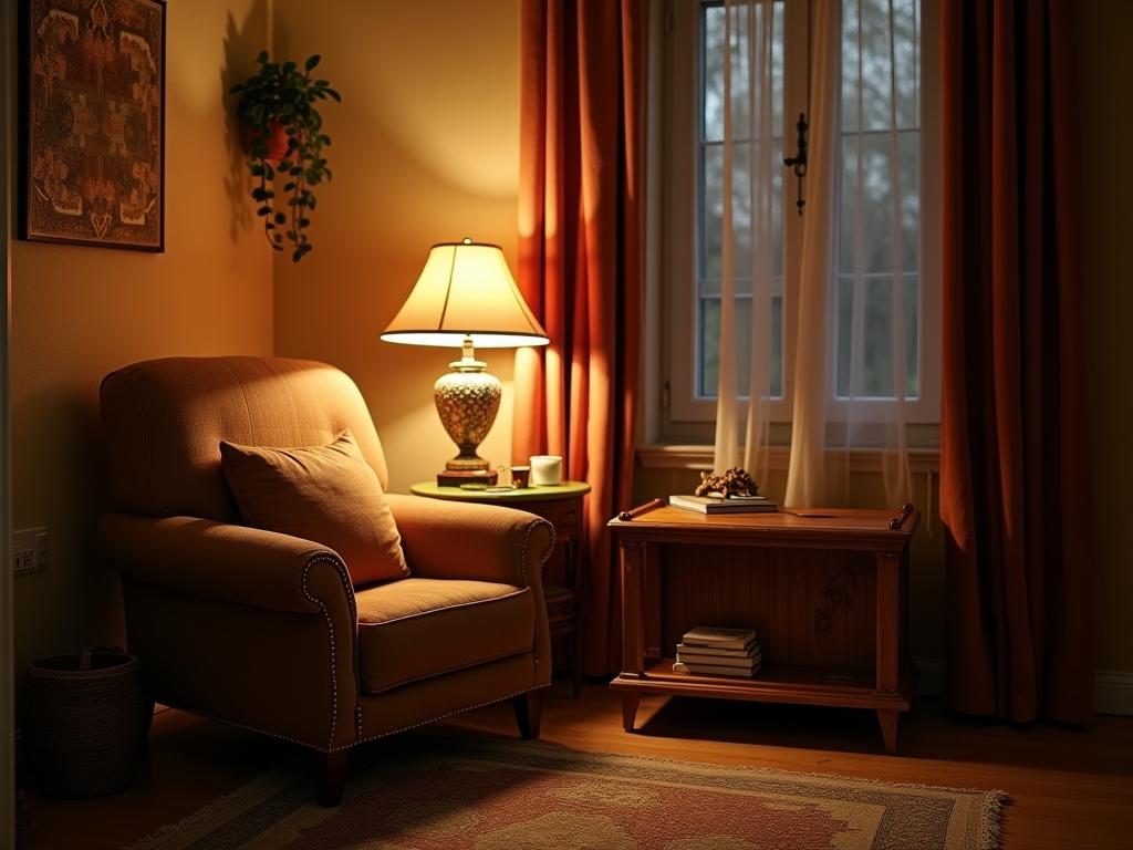Cozy and inviting prayer corner in a Jewish home with a comfortable armchair, books, and a decorative lamp.