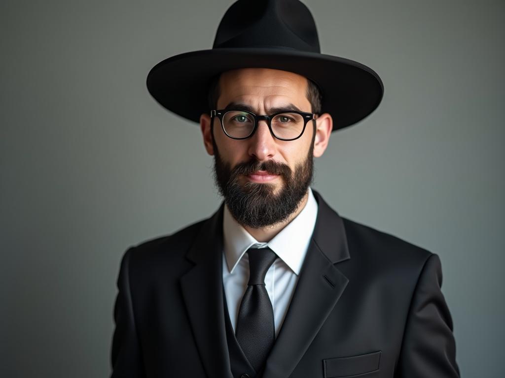 A stylishly dressed Orthodox Jewish man wearing a modern suit and hat.