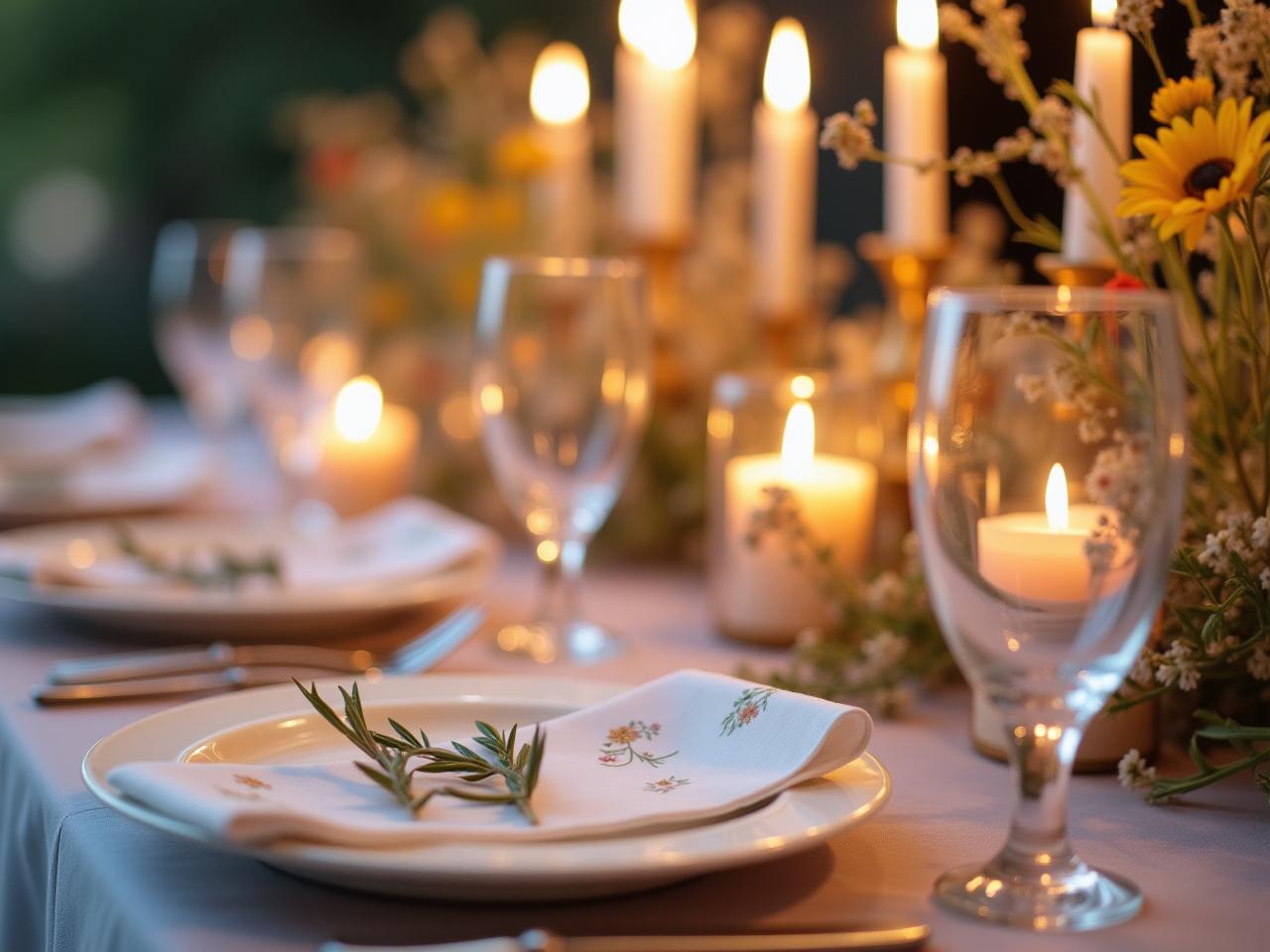 An elegantly designed Seder table with pastel napkins, individual Seder plates, wildflowers, and soft candlelight.