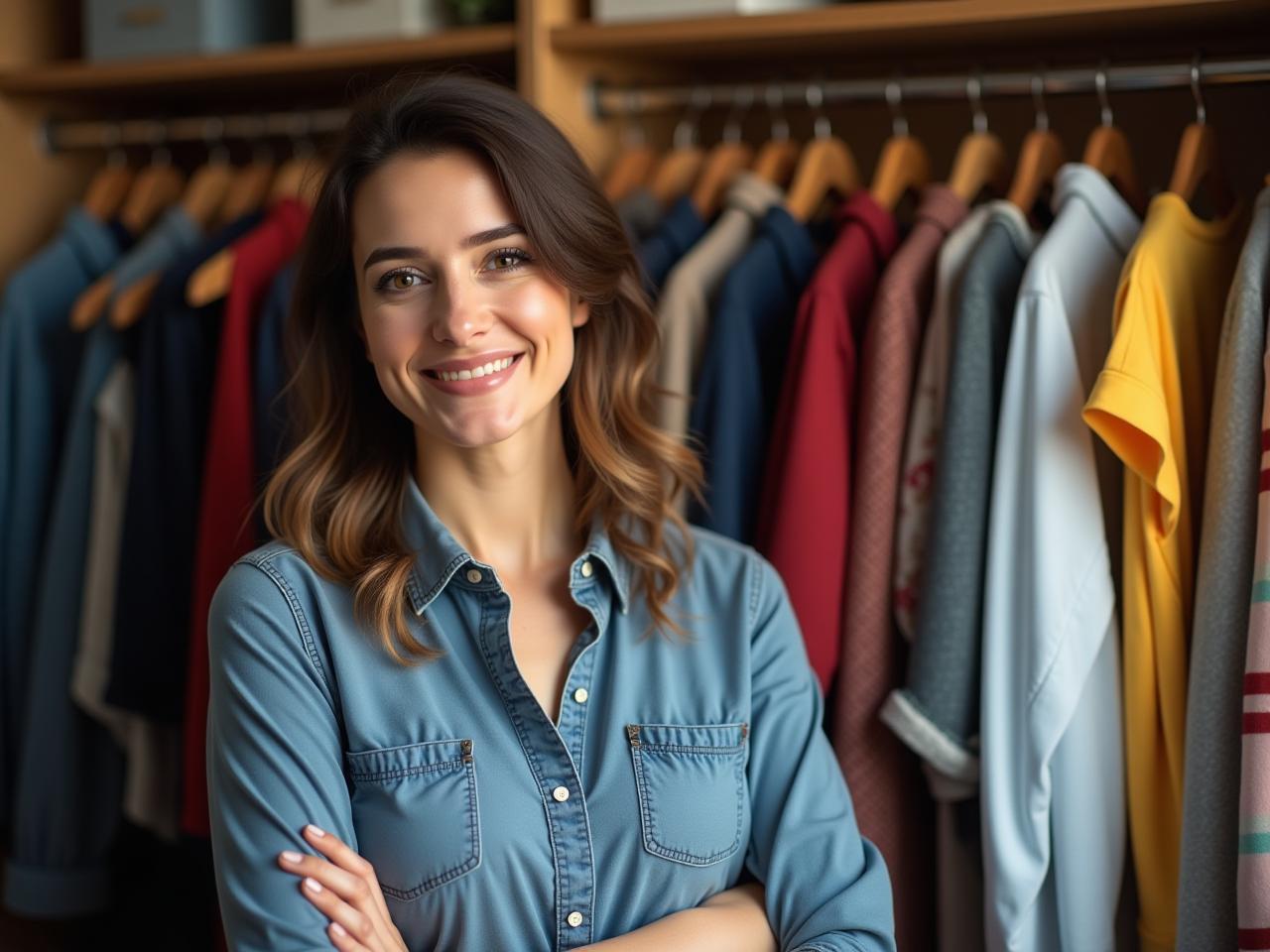 A woman smiling in front of a perfectly organized closet, filled with color-coordinated clothes.