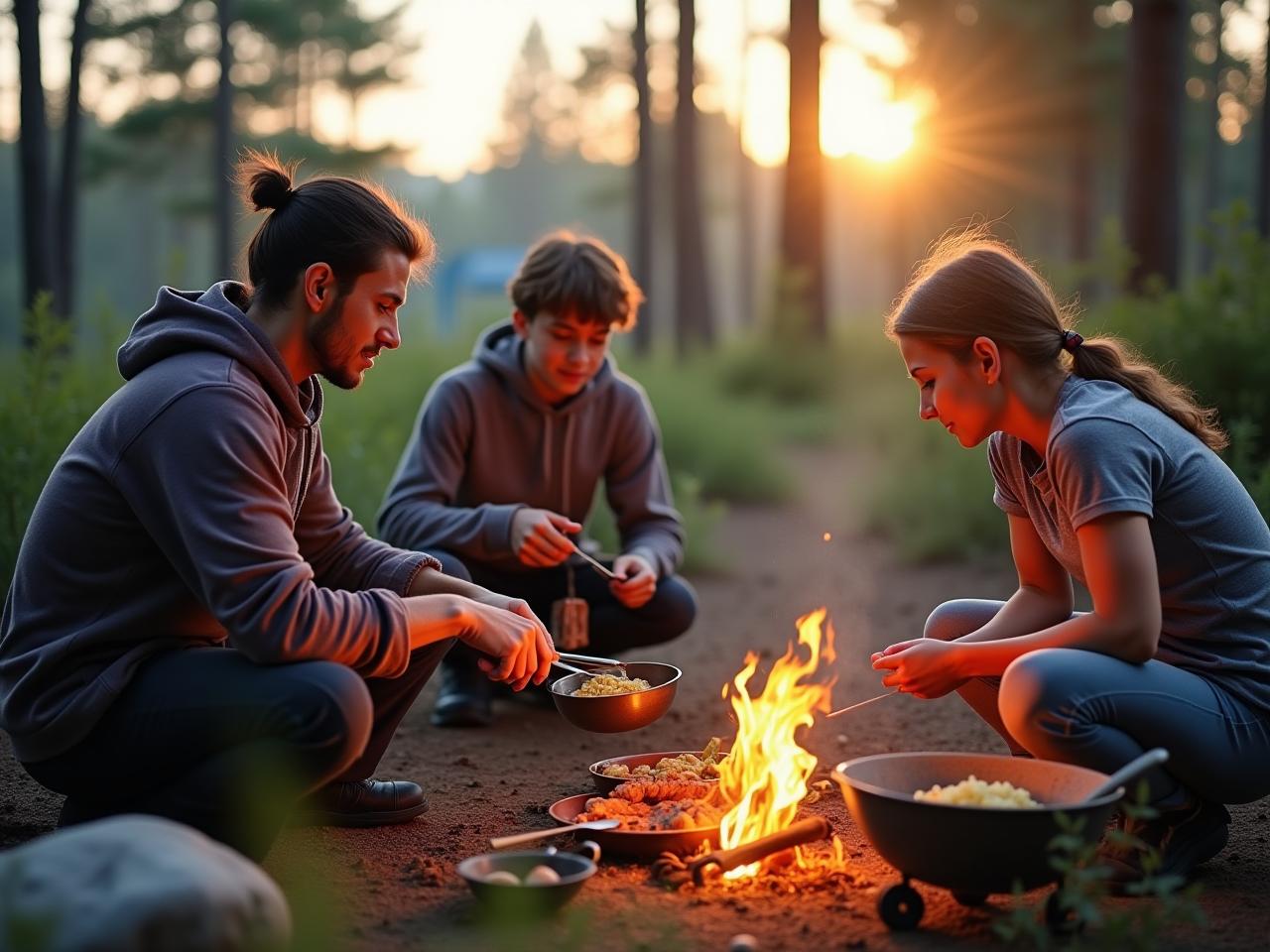 A family cooking kosher food outdoors during a backpacking trip.