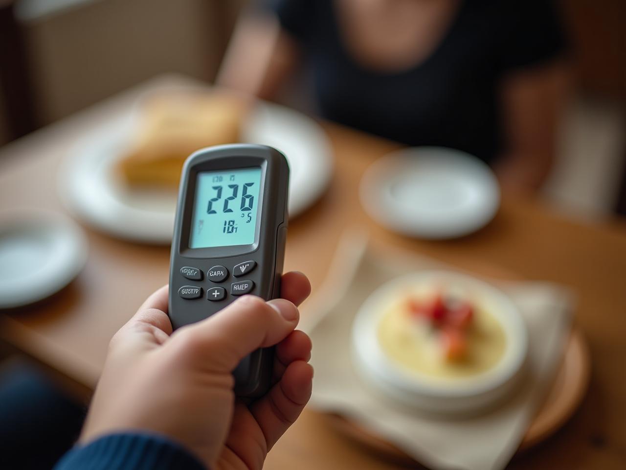 A person holding a digital thermometer, with a blurred background showing a Shabbat table.
