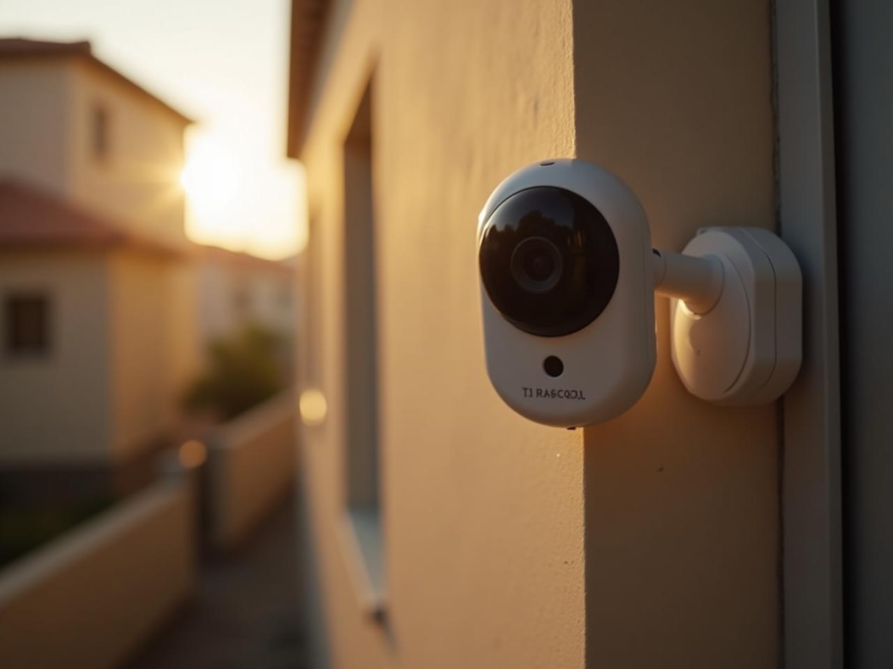 A security camera with a Sabbath mode setting, placed outside a house in a religious neighborhood. The scene is warm and inviting, emphasizing the security and peace of mind provided by the camera.