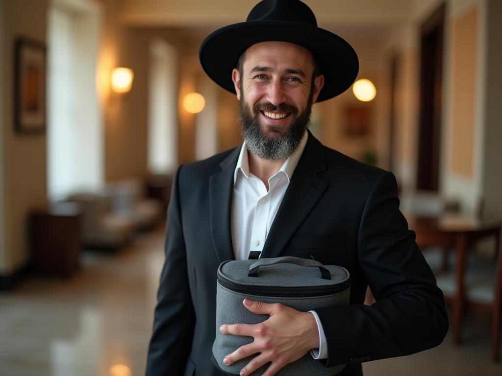 A young Haredi man smiling and holding a small cooler bag. The background shows a blurred image of a hotel lobby.
