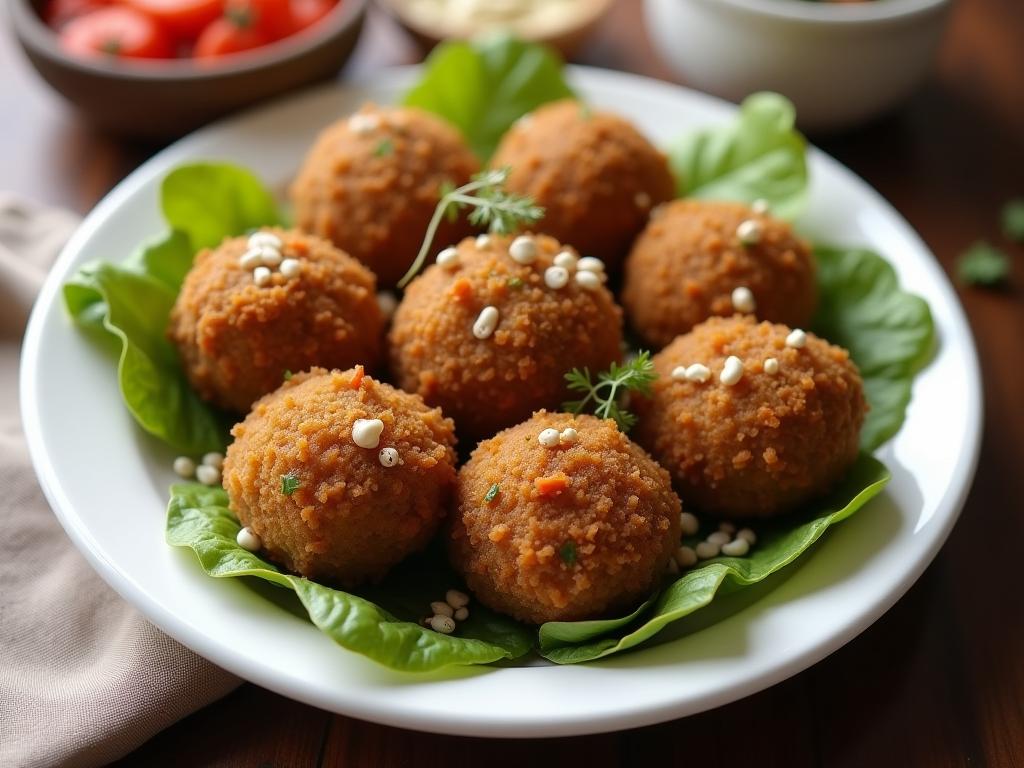A plate of delicious kosher falafel with tahini and vegetables.