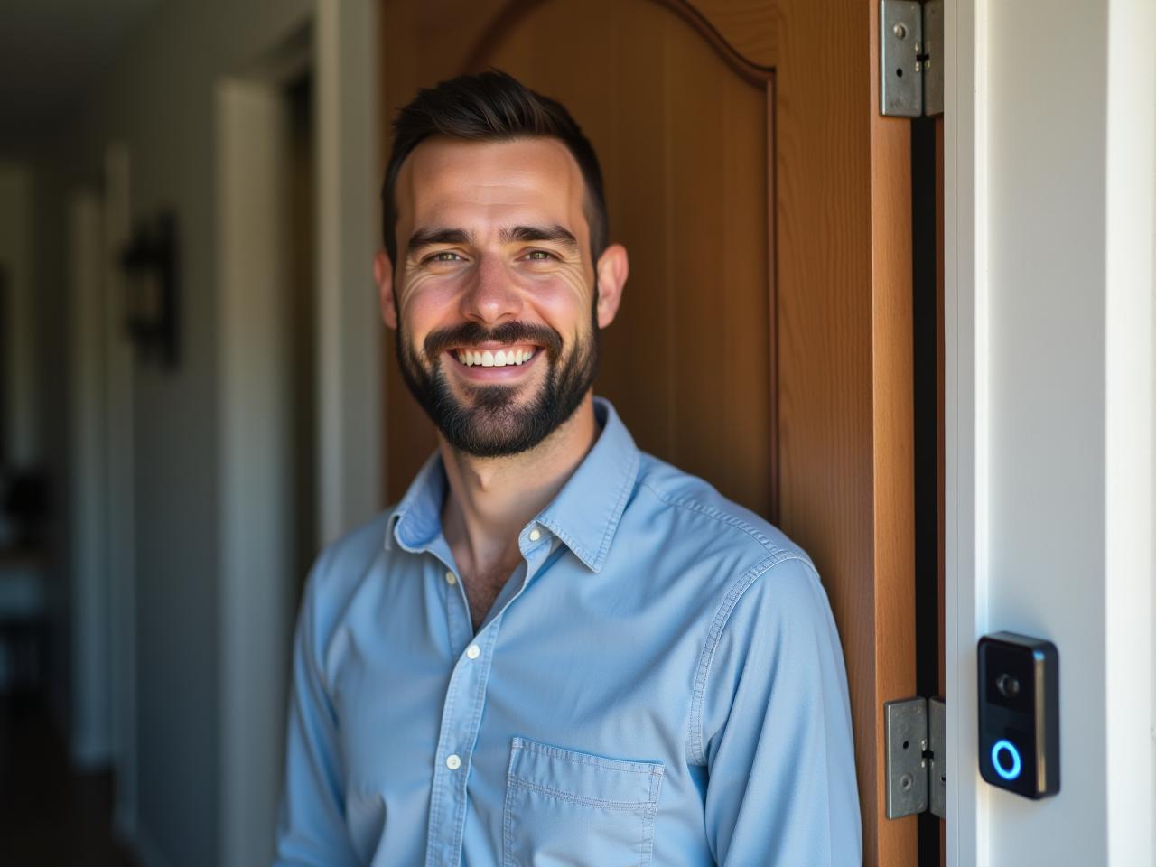 Man standing in front of a Ring doorbell camera, smiling.