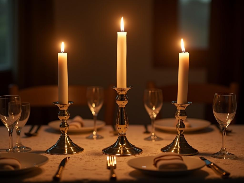 A beautifully decorated Shabbat table with elegant candlesticks and lit Shabbat candles.