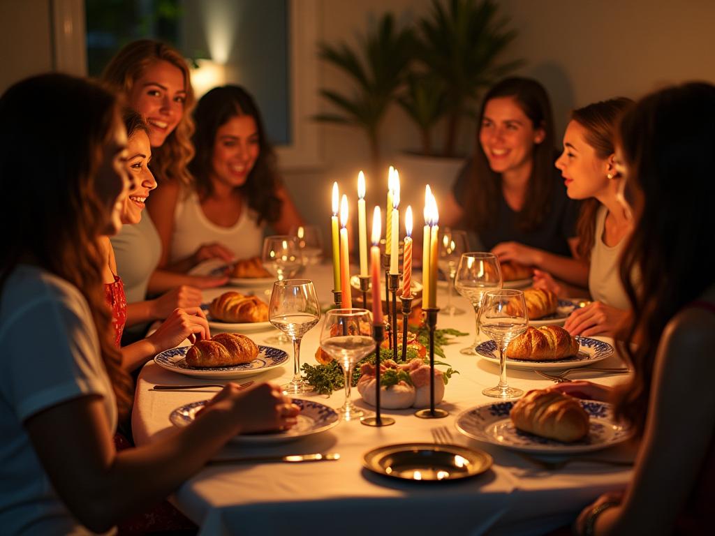 A beautifully set Shabbat table with colorful dishes, candles, challah, and smiling faces. The atmosphere is warm and inviting.
