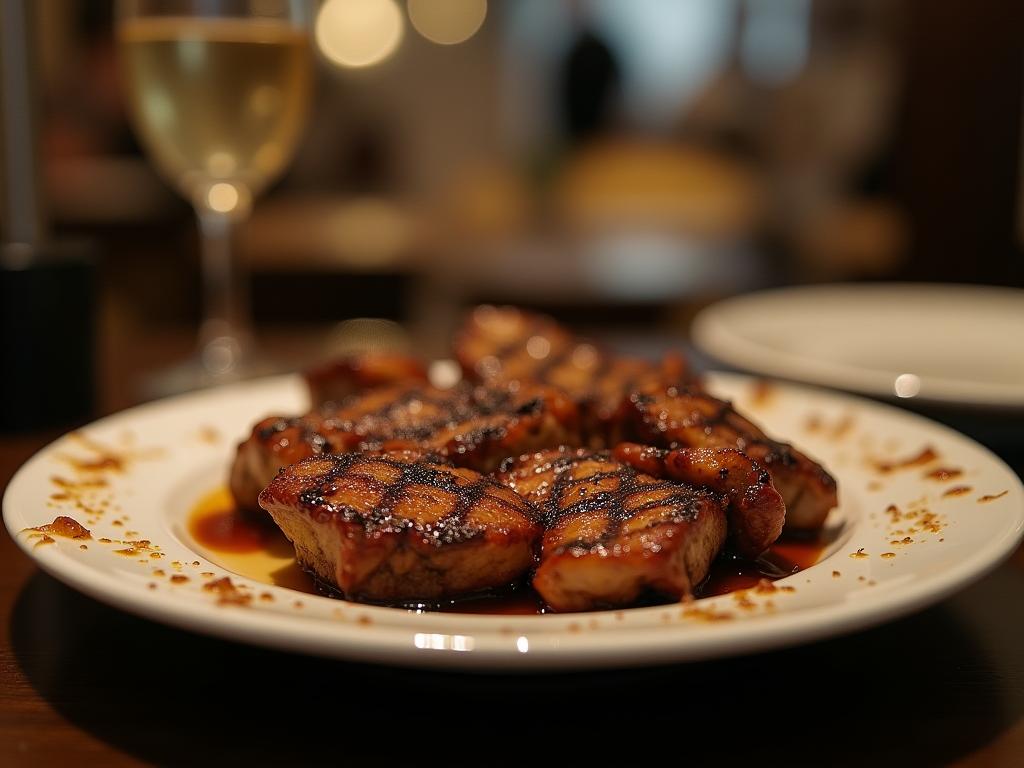 A plate of delicious grilled meat in a kosher restaurant.