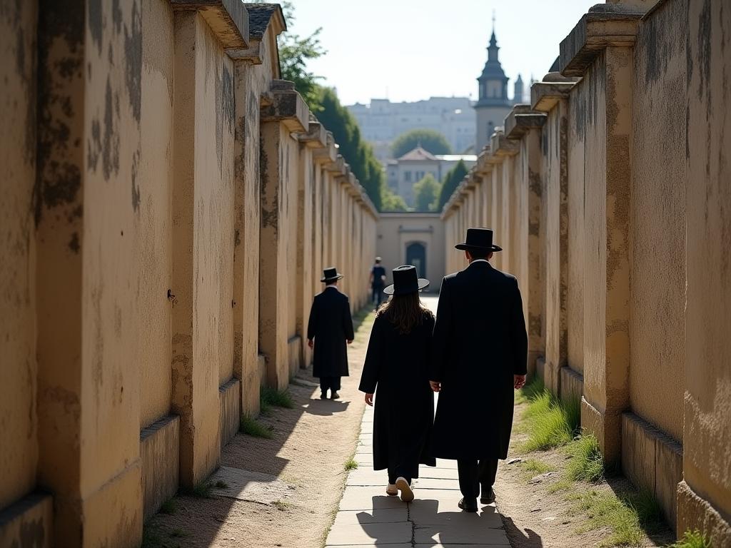A family of Orthodox Jews touring the Old Jewish Cemetery in Prague.