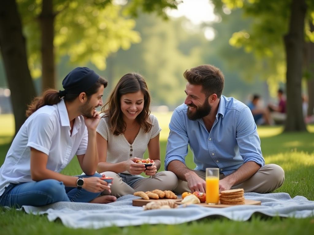 Family enjoying a picnic in a park with kosher food