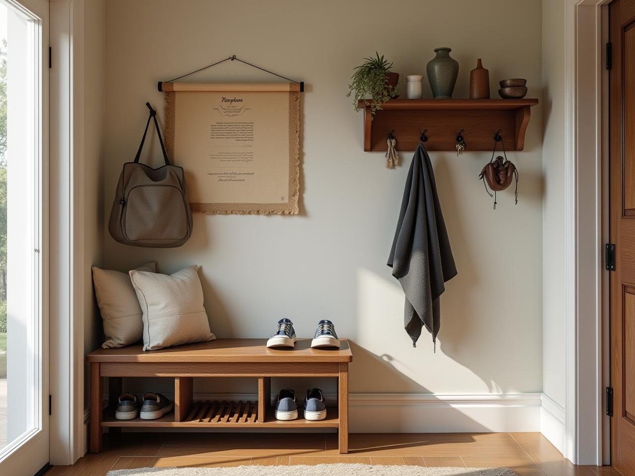 A cozy and organized entryway with a bench, shoe storage, and a key holder.
