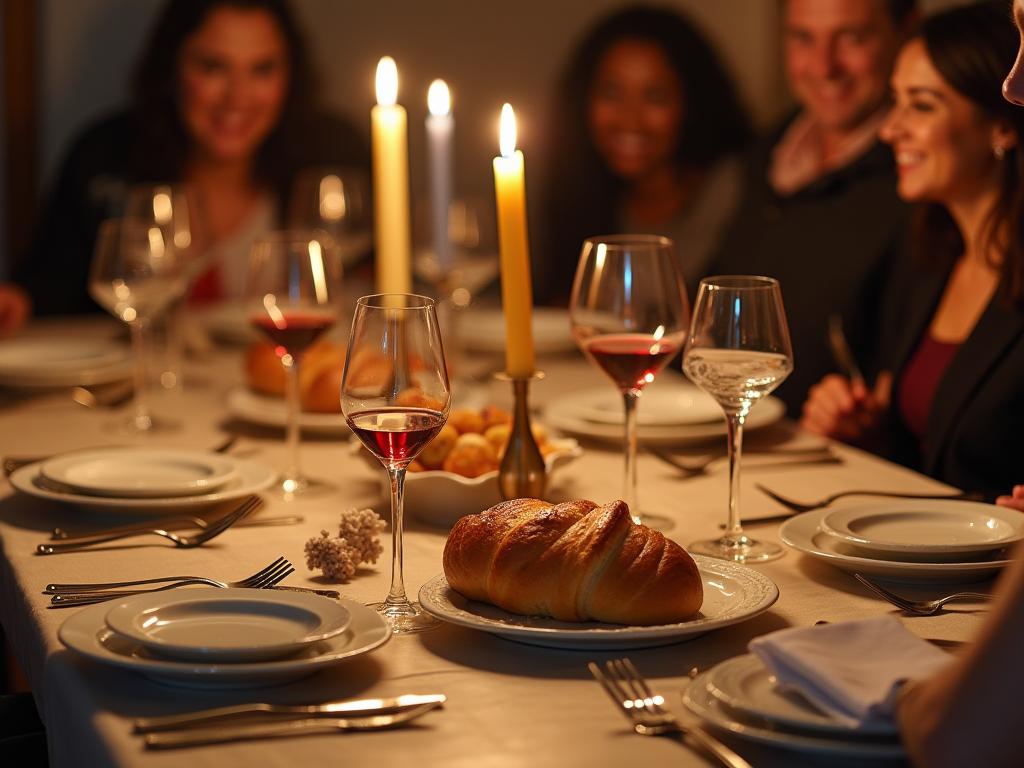 A beautifully set Shabbat table with challah, wine, and delicious food, surrounded by smiling faces.