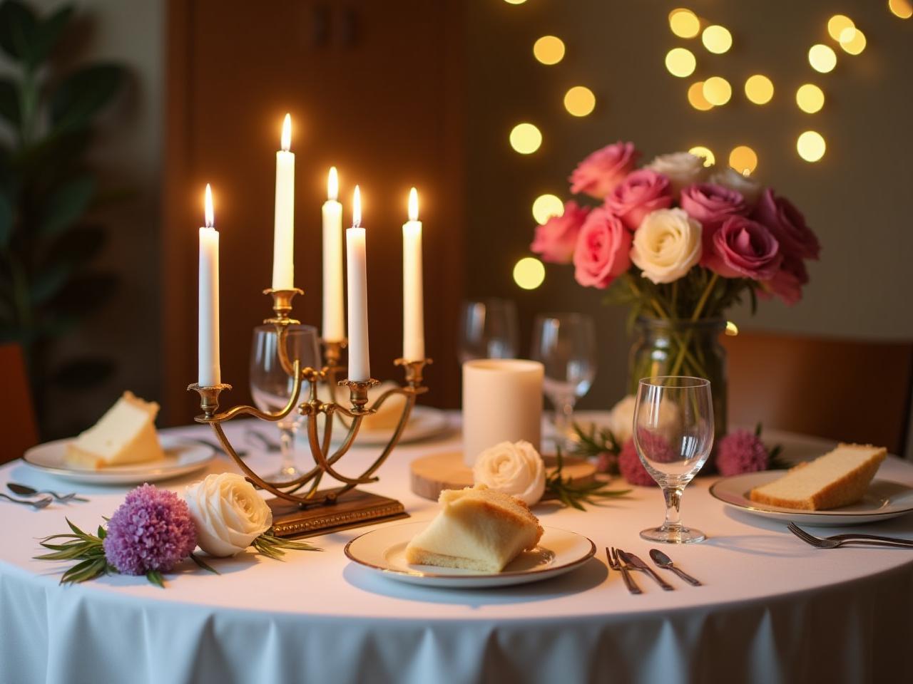 A beautifully decorated Shabbat table with candles, flowers, and a white tablecloth.