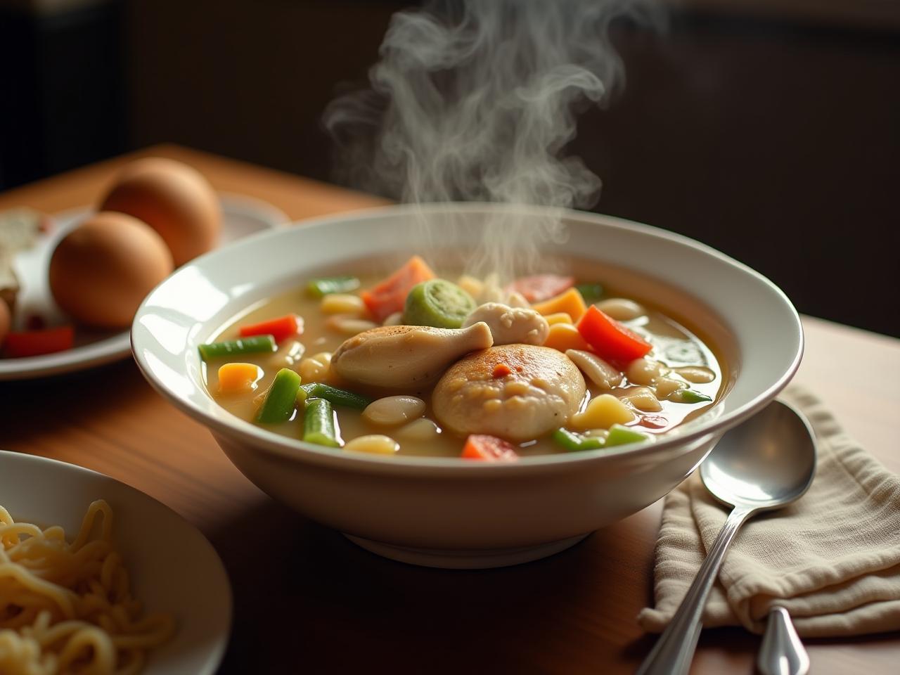 A steaming bowl of chicken soup with vegetables and noodles on a Shabbat table.