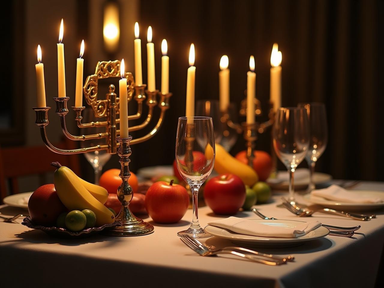 A beautifully decorated Shabbat table with candles, fruits, and silver cutlery.