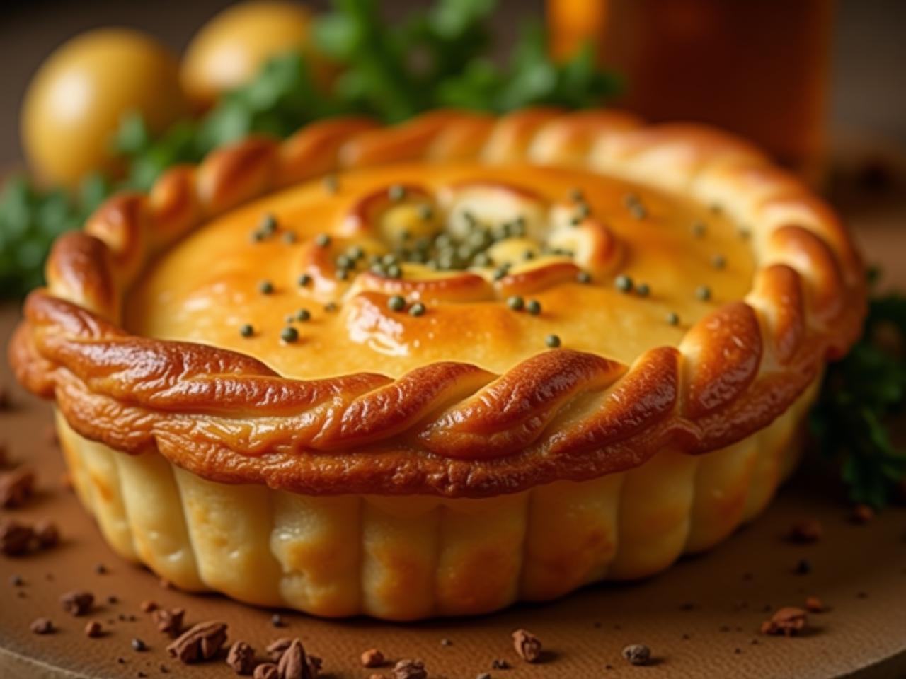 Close-up of a freshly baked meat pie with a golden-brown crust, surrounded by herbs and spices, evoking a warm and nostalgic feeling of home cooking.