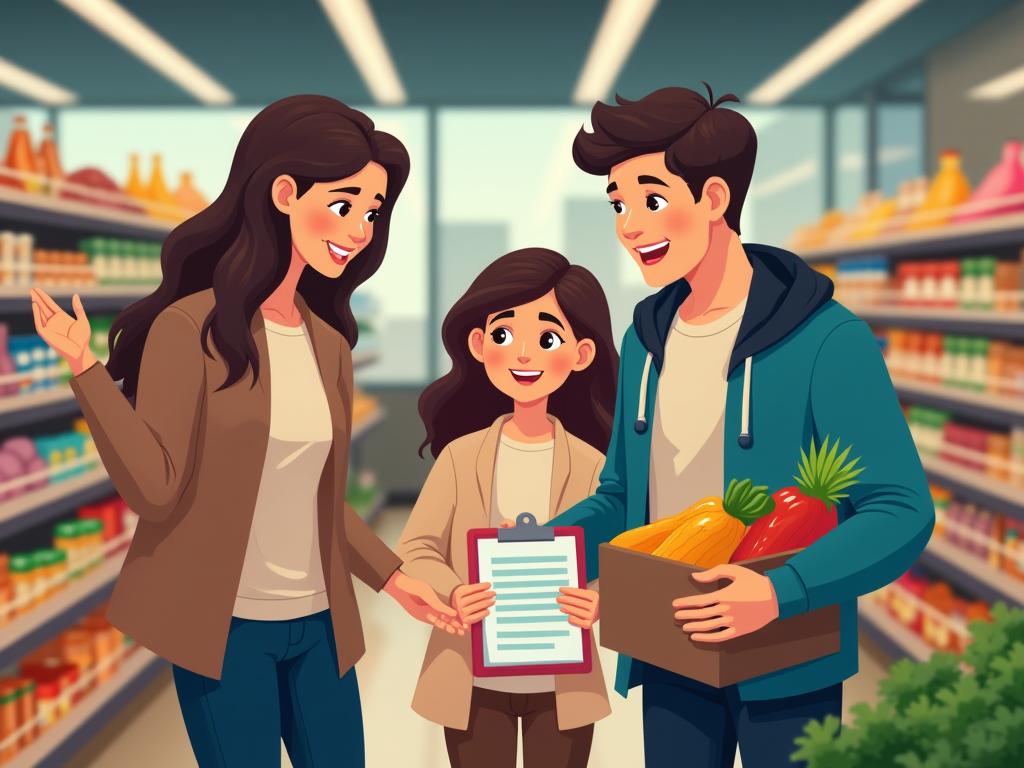 A family grocery shopping with a smart list, avoiding impulsive purchases.