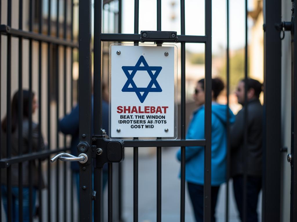 A picture of an electric gate with a sign indicating it operates on Shabbat mode, along with a small group of people observing the gate with thoughtful expressions.