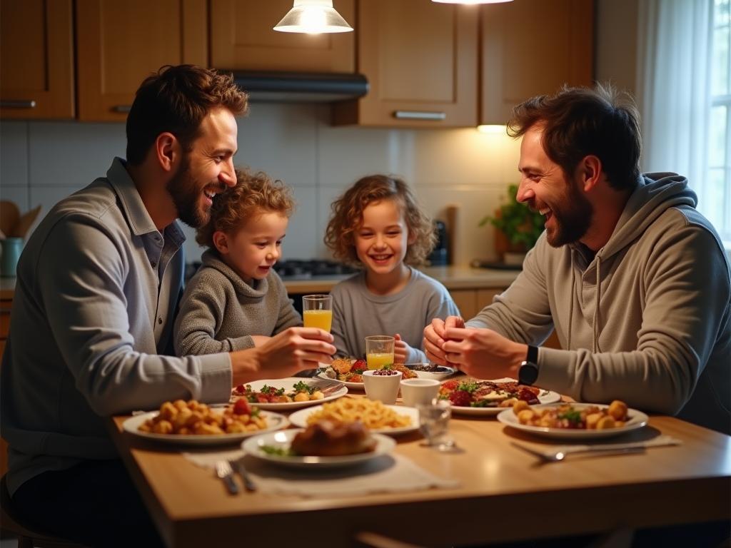 A family enjoying a meal together in a cozy apartment kitchen during a city vacation.