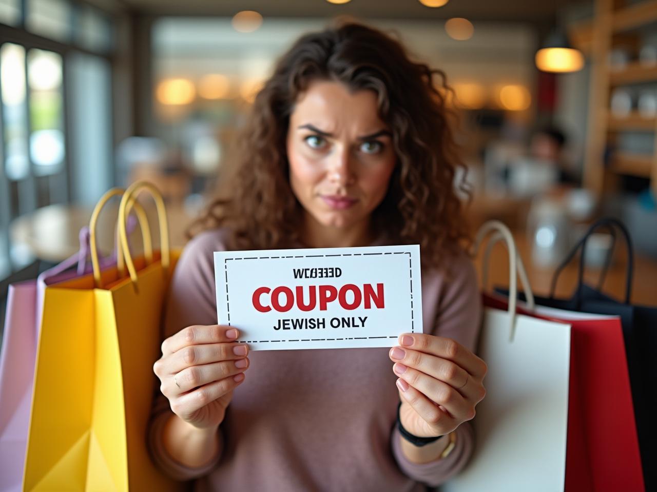 A person holding a coupon with a confused expression, surrounded by shopping bags.