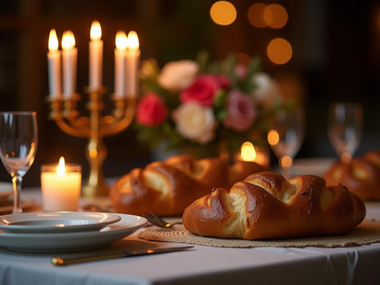 A beautifully set Shabbat table with candles, flowers, and challah bread.