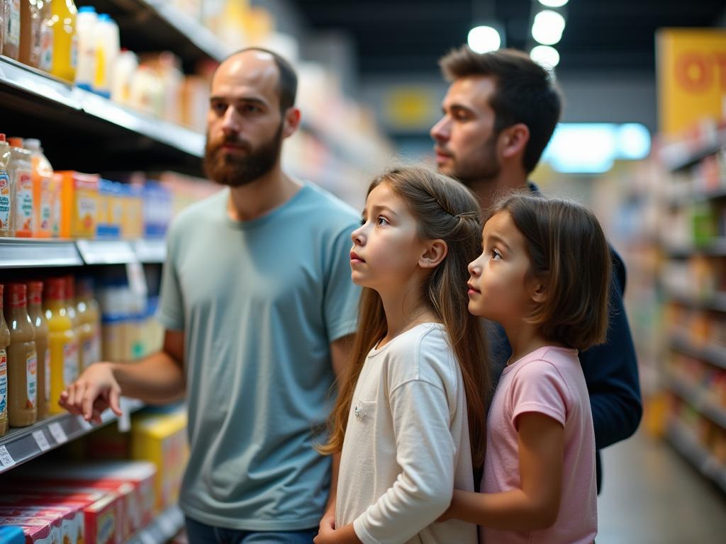 A family looking confused at a grocery store shelf with allergy-friendly products.