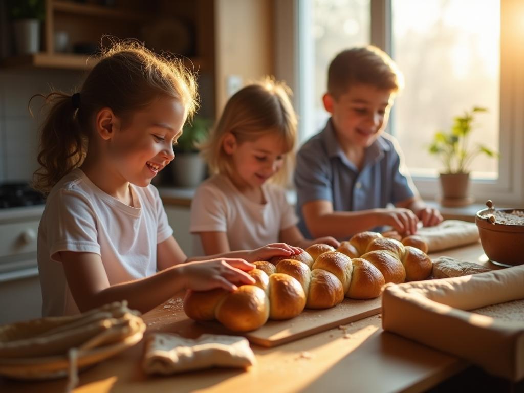 A family baking challah together in a sunlit kitchen during Chol Hamoed.