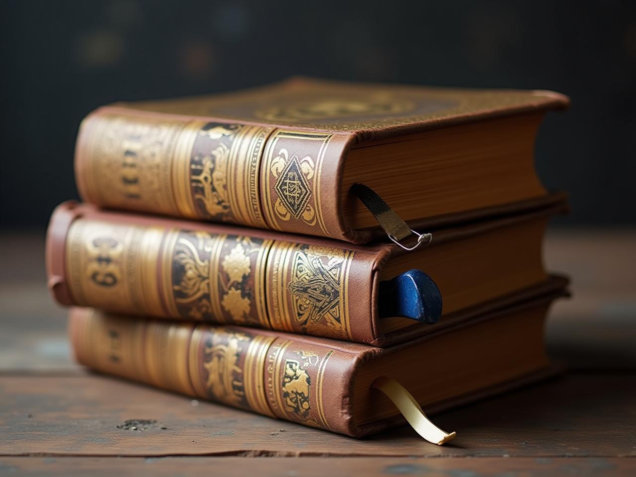A stack of Jewish holy books with a magnetic bookmark attached.