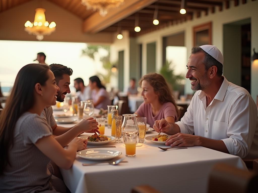 A happy religious family eating at a kosher restaurant during their vacation.