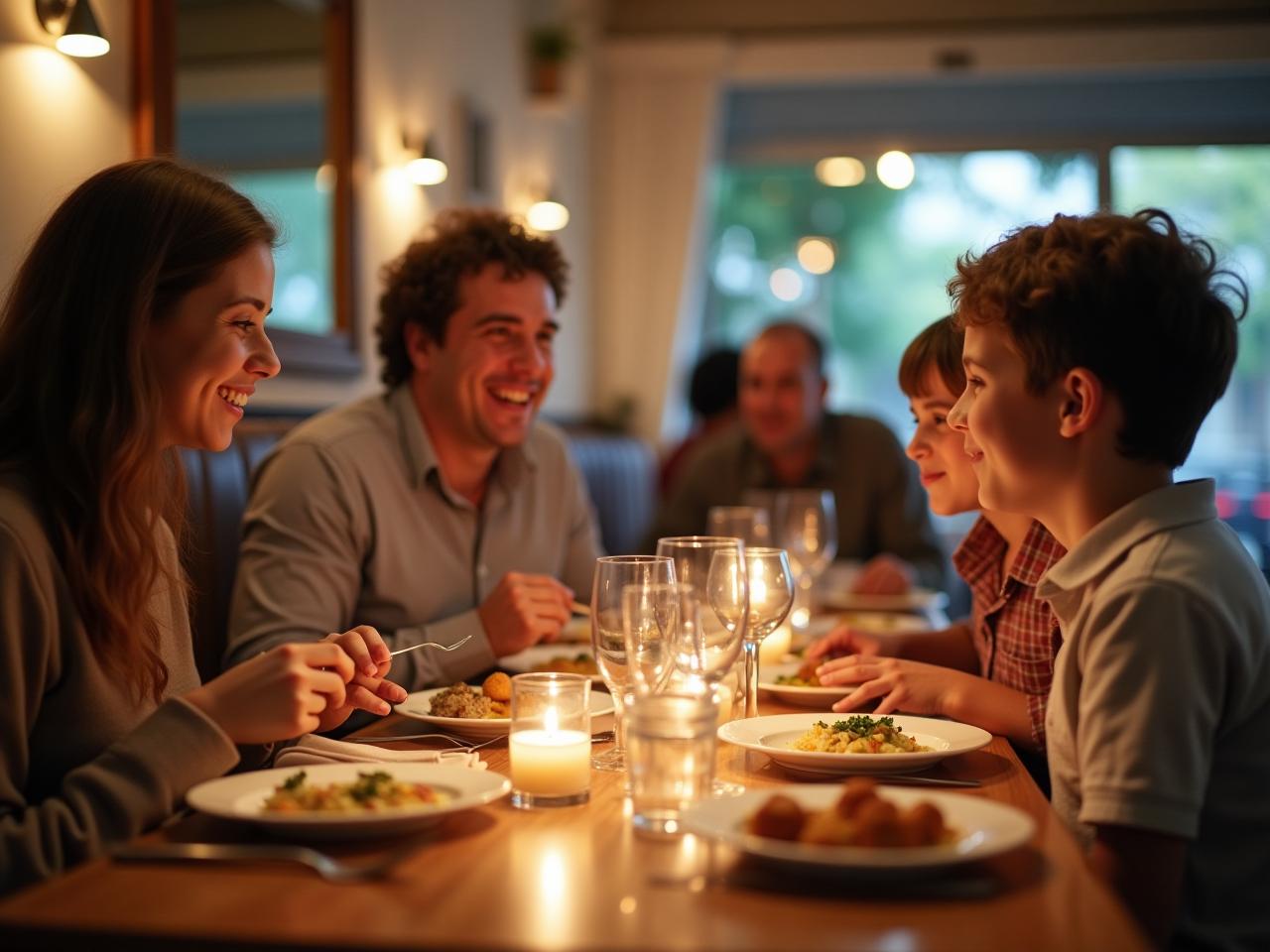 A family enjoying a kosher meal at a restaurant abroad.
