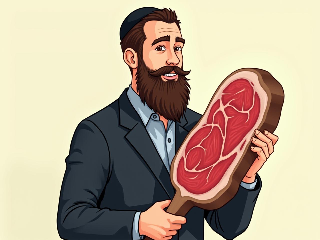 A humorous illustration of a young Haredi man (Lazi Kupolovich) holding a large steak with a satisfied expression.