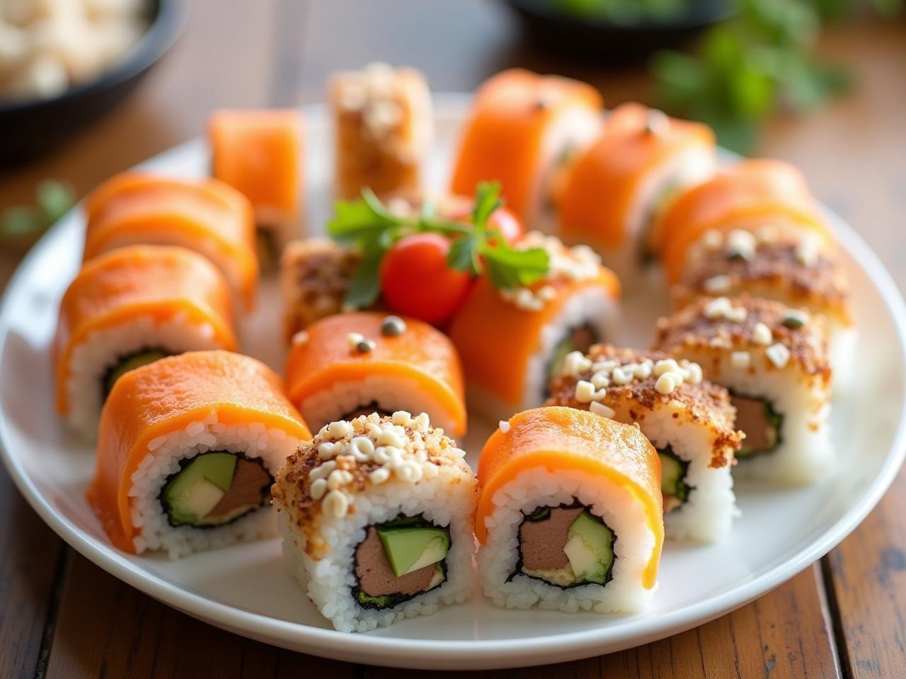 A plate of colorful kosher sushi rolls.