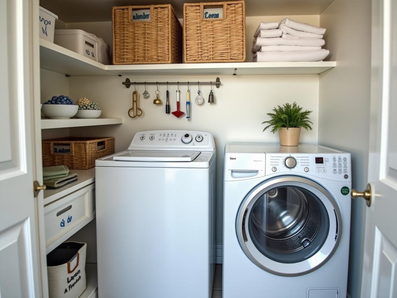 A small and organized laundry room with smart storage solutions, including shelves, a foldable drying rack, and labeled containers.