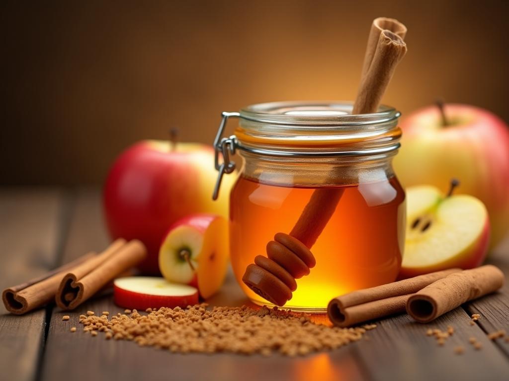 A jar of spiced honey with apple slices and cinnamon sticks around it.