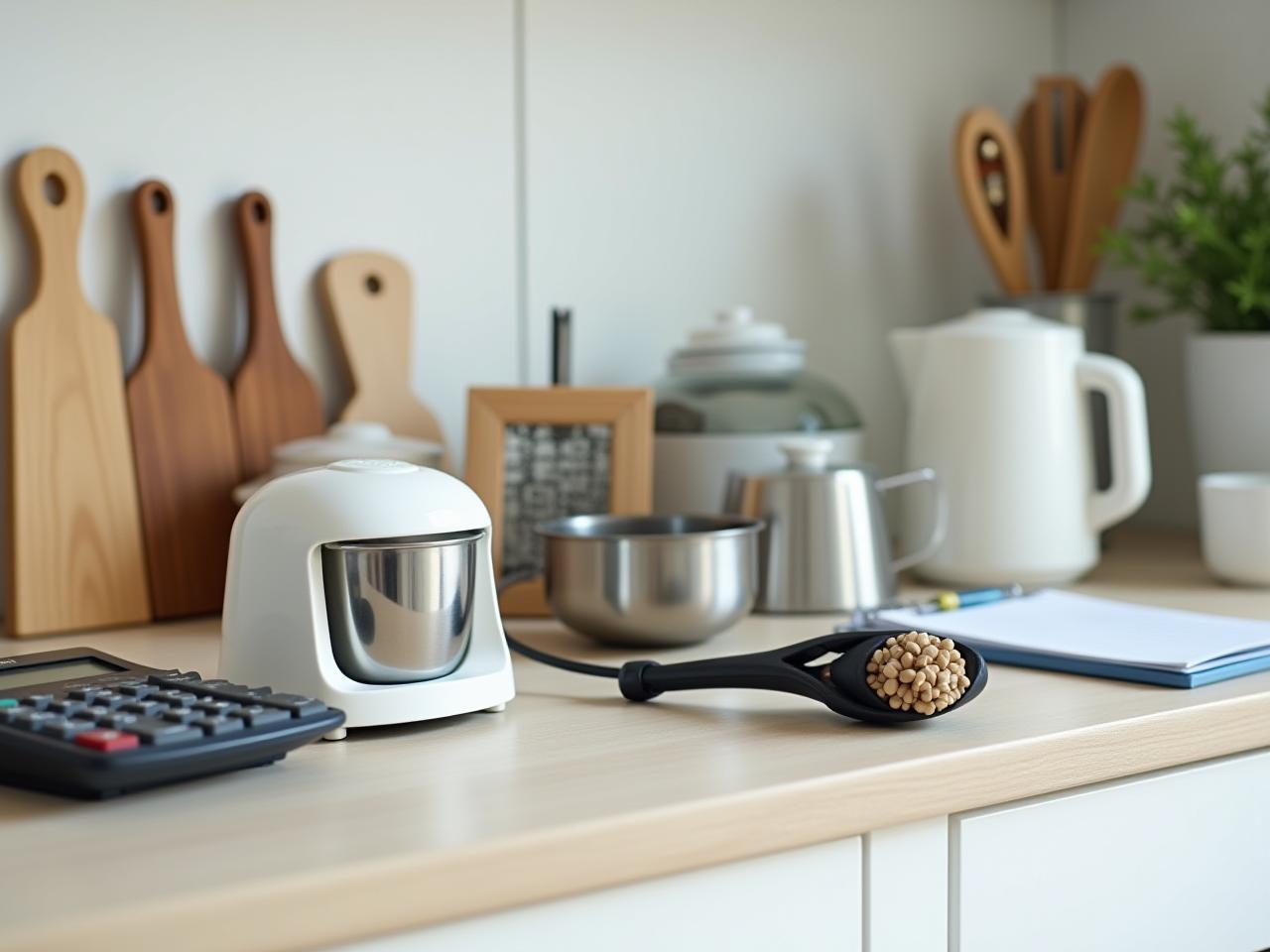 A variety of small kitchen appliances are displayed on a kitchen counter, with a calculator and a notepad next to them, symbolizing smart shopping and financial planning.