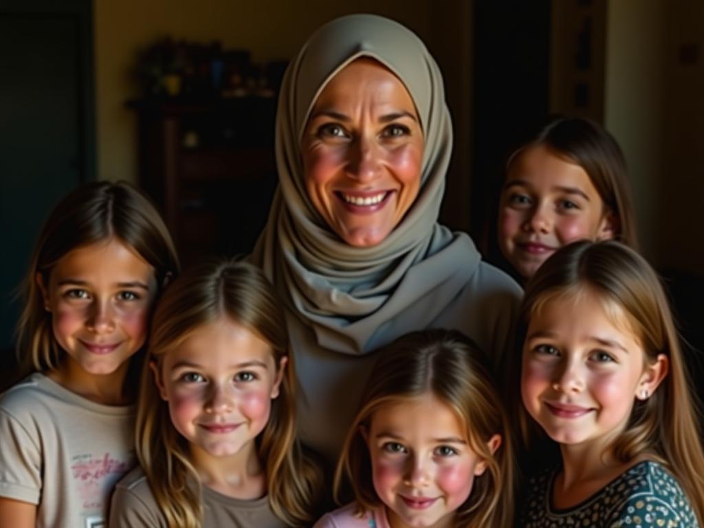 A smiling woman, possibly in her 40s, wearing modest clothing and a head covering, surrounded by her six children in a warm, home-like setting. The image aims to convey a sense of experience, expertise, and trustworthiness.