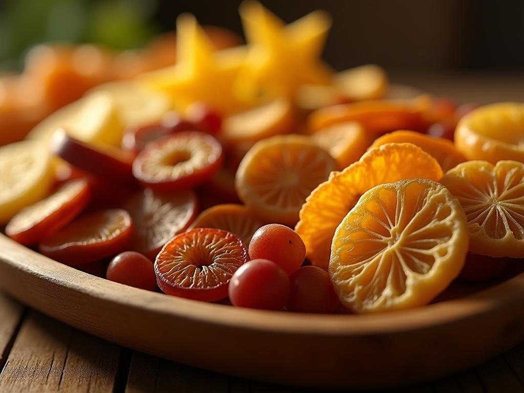 A close-up shot of a variety of dried fruits arranged artfully on a wooden platter, with a warm, inviting light.