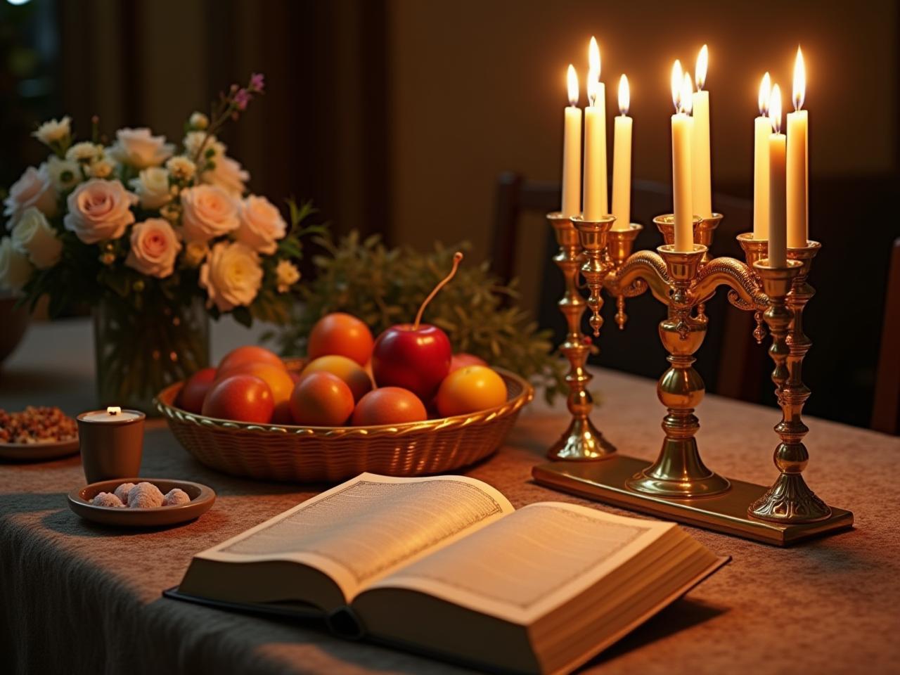 A beautifully decorated Shabbat table with candles, flowers, fruit, and holy books.