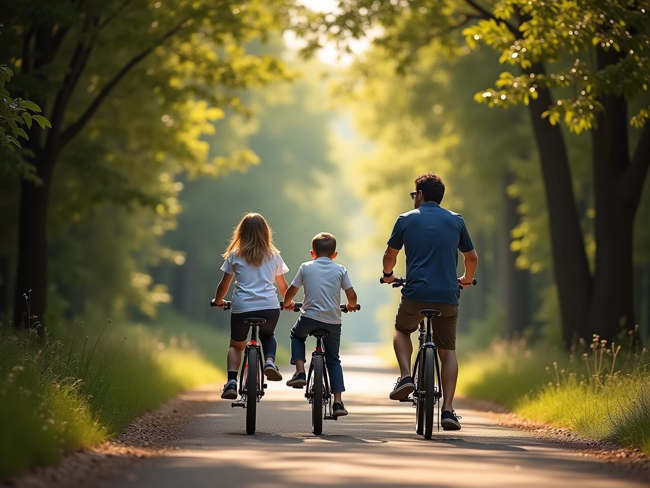 Family riding bicycles in a shaded forest path on a sunny day.