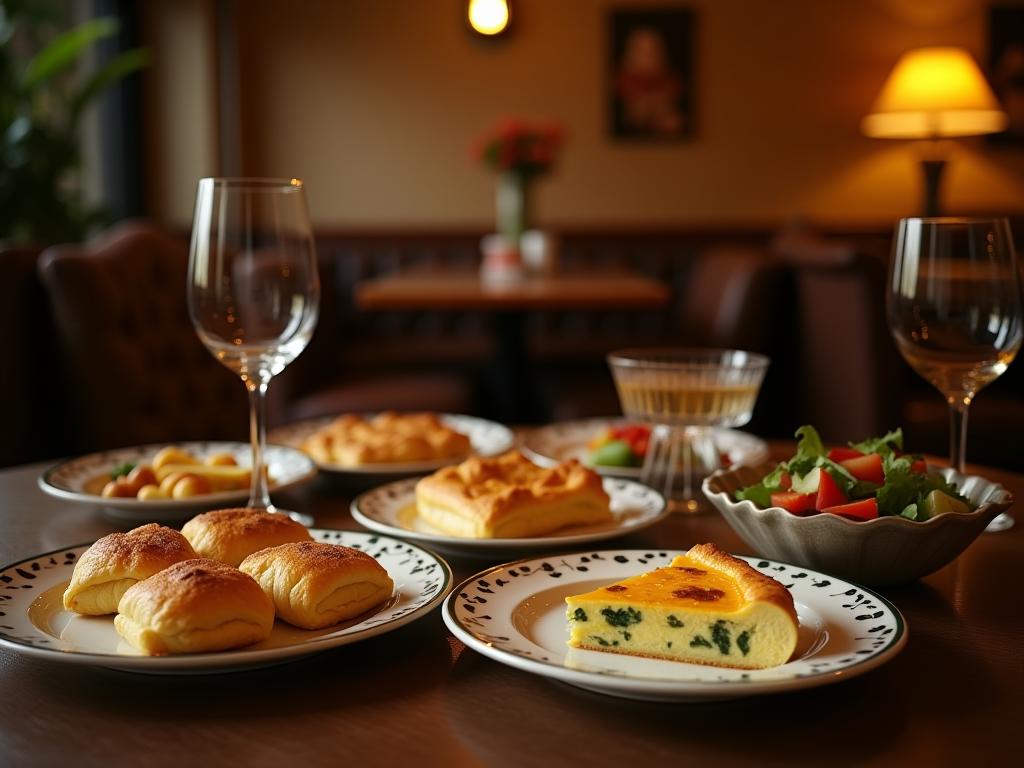 A warm and inviting table setting at a kosher dairy restaurant, featuring a selection of delicious dishes like cheese blintzes, vegetable quiche, and a fresh salad. The scene evokes a sense of home and tradition.