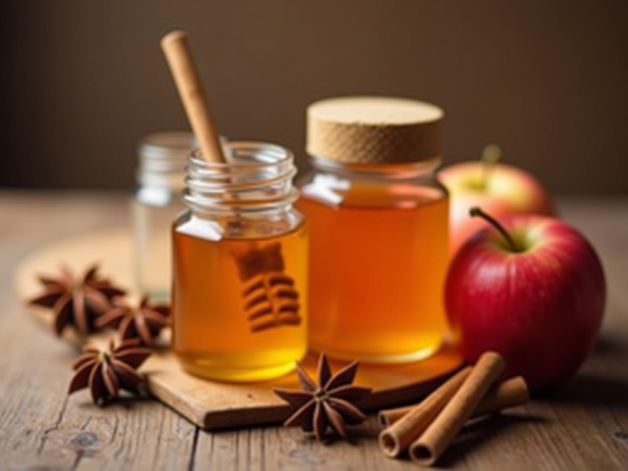 A jar of spiced honey with apples, cinnamon sticks and star anise around, creating a festive and warm atmosphere for Rosh Hashanah.
