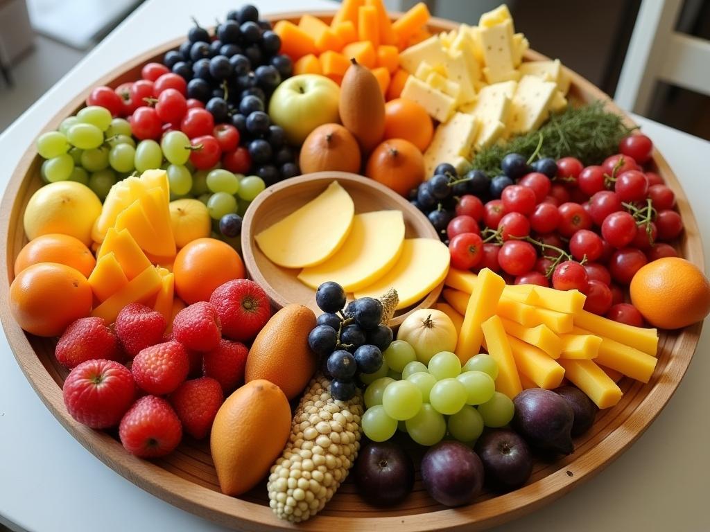 A beautifully designed fruit platter with various colorful fruits, arranged in an appealing and artistic way, perfect for a traditional Jewish Sabbath meal.