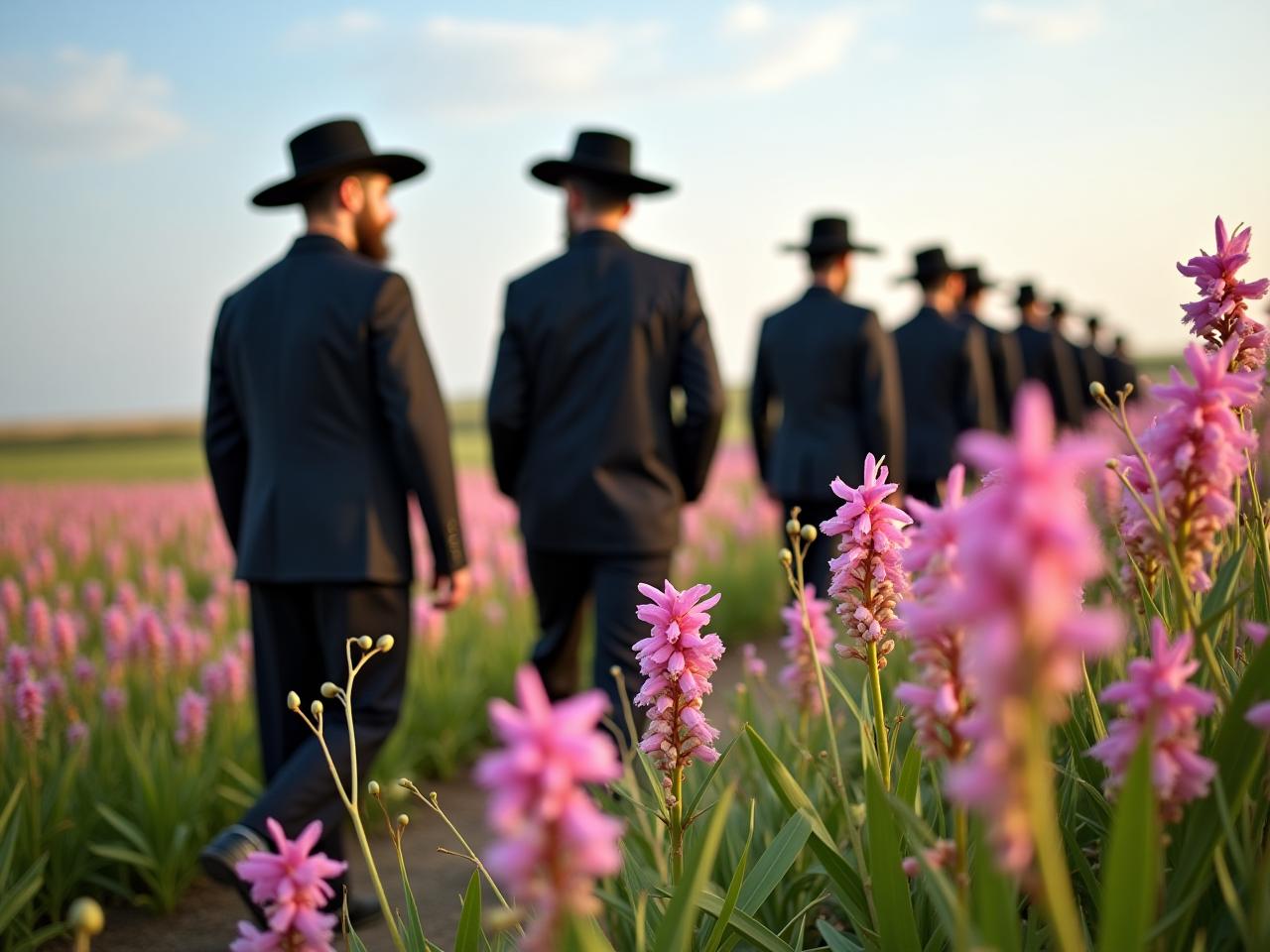 A group of young Haredi men hiking among blooming orchids in a field.