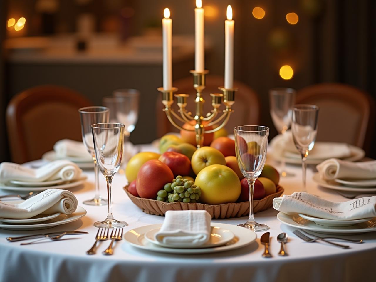 A beautifully decorated holiday table with white tablecloth, elegant disposable tableware, candles, and decorative fruit. The image should evoke a sense of festivity and tradition.