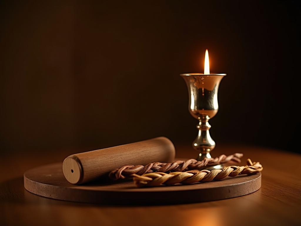 A beautifully designed Havdalah set featuring a silver Kiddush cup, a spice box made of olive wood, and a braided Havdalah candle, all arranged on a wooden table in a dimly lit room with warm, inviting lighting.