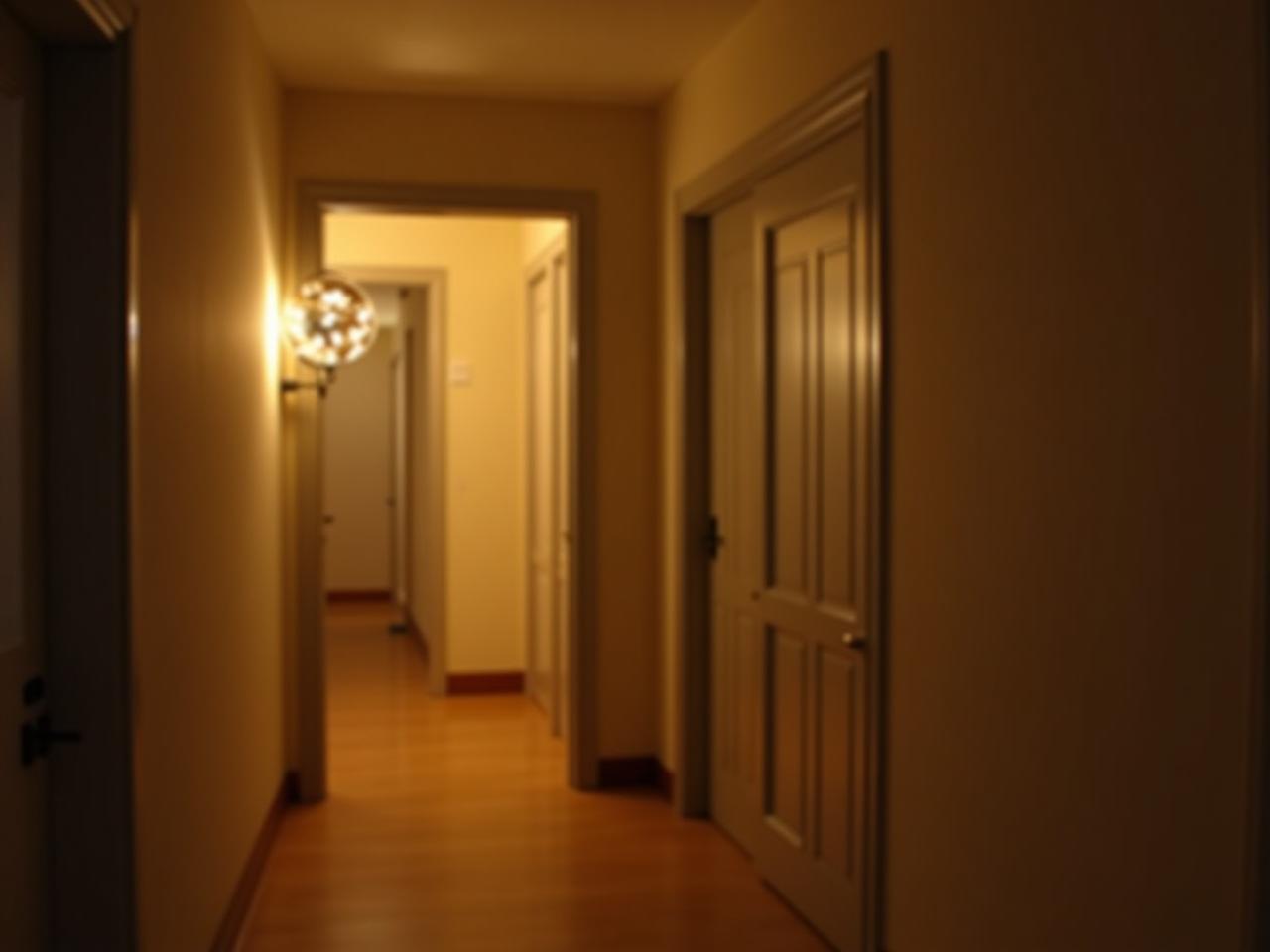 A photo of a warm-lit hallway with a motion-sensor LED light, showcasing a comfortable and safe home environment.