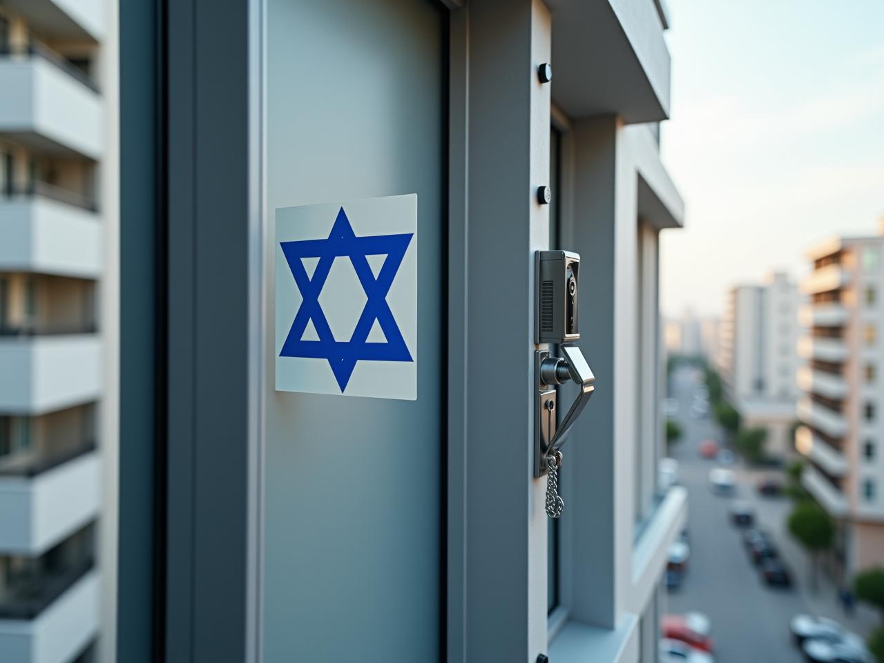 A modern apartment building with an intercom system and a Star of David symbol, representing the intersection of technology and Jewish law.