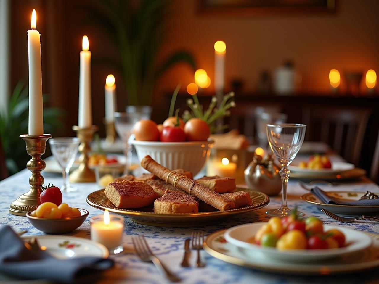 A festive Passover Seder table adorned with traditional items and decorative touches, reflecting the spirit of joy and liberation.